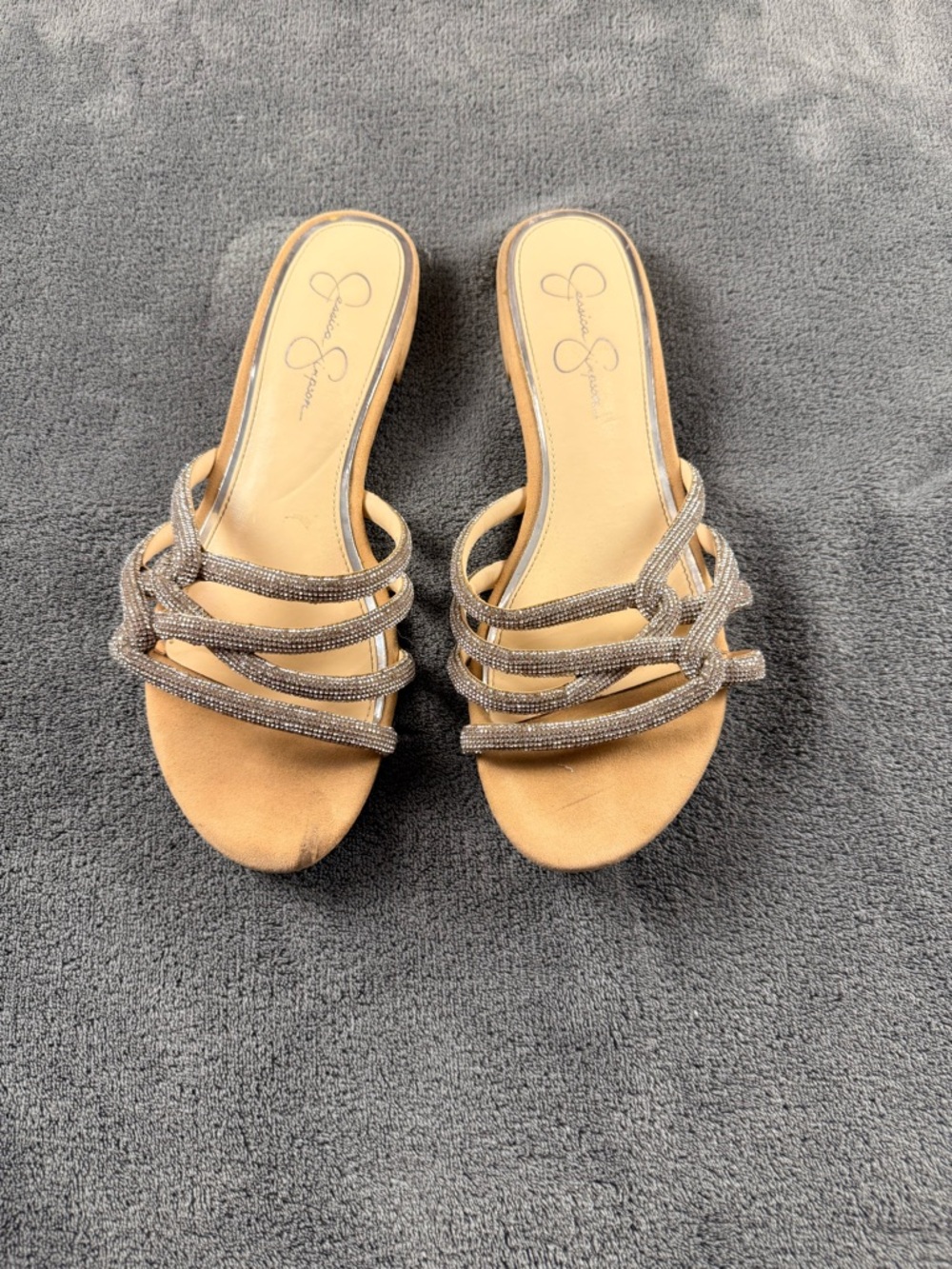 Jessica Simpson Taupe Beaded Strappy Mules